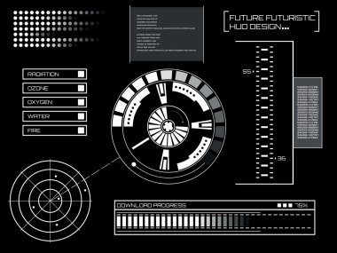 Soyut gelecek, konsept vektör fütüristik mavi sanal grafik dokunmatik arayüzü HUD. Web, site, mobil uygulamalar için siyah arkaplan, tekno, çevrimiçi tasarım, iş, gui, ui.