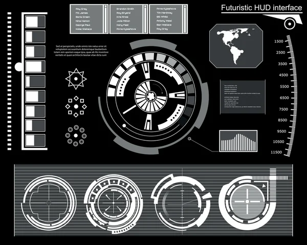 Futuro abstracto, concepto vector futurista azul interfaz gráfica virtual táctil HUD. Para web, sitio, aplicaciones móviles aisladas sobre fondo negro, techno, diseño en línea, negocio, gui, ui. — Archivo Imágenes Vectoriales