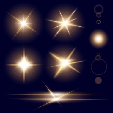 Parlak ışık efektlerinden oluşan yaratıcı bir konsept vektör kümesi siyah arka planda izole edilmiş kıvılcımlarla parlar. Resim tasarımı için, Noel kutlaması için pankart, sihirli ışık ışını