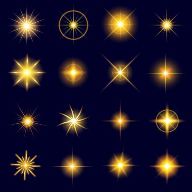 Parlak ışık efektlerinden oluşan yaratıcı bir konsept vektör kümesi siyah arka planda izole edilmiş kıvılcımlarla parlar. Resim tasarımı için, Noel kutlaması için pankart, sihirli ışık ışını