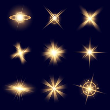 Parlak ışık efektlerinden oluşan yaratıcı bir konsept vektör kümesi siyah arka planda izole edilmiş kıvılcımlarla parlar. Resim tasarımı için, Noel kutlaması için pankart, sihirli ışık ışını