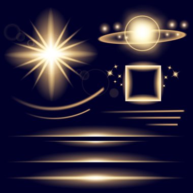 Parlak ışık efektlerinden oluşan yaratıcı bir konsept vektör kümesi siyah arka planda izole edilmiş kıvılcımlarla parlar. Resim tasarımı için, Noel kutlaması için pankart, sihirli ışık ışını