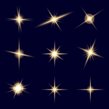 Parlak ışık efektlerinden oluşan yaratıcı bir konsept vektör kümesi siyah arka planda izole edilmiş kıvılcımlarla parlar. Resim tasarımı için, Noel kutlaması için pankart, sihirli ışık ışını