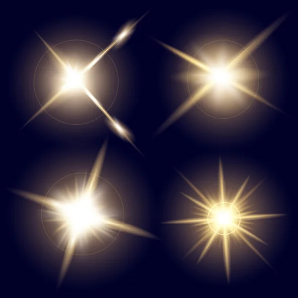 Conceito criativo Conjunto vetorial de estrelas de efeito de luz brilhante explode com faíscas isoladas em fundo preto. Para ilustração modelo arte design, banner para o Natal comemorar, raio de energia flash mágico — Vetor de Stock