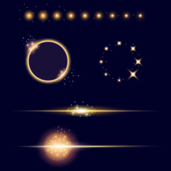 Concept créatif Ensemble vectoriel d'étoiles à effet de lumière brillante éclate avec des étincelles isolées sur fond noir. Pour la conception d'art de modèle d'illustration, bannière pour Noël célèbrent, rayon d'énergie flash magique — Image vectorielle