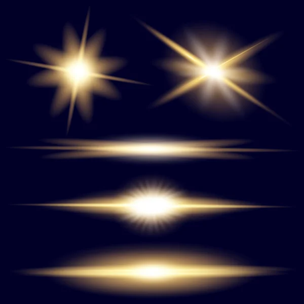 Concepto creativo Conjunto vectorial de estrellas con efecto de luz brillante estalla con destellos aislados sobre fondo negro. Para el diseño de arte de la plantilla de ilustración, banner para celebrar la Navidad, rayo mágico de energía flash — Vector de stock