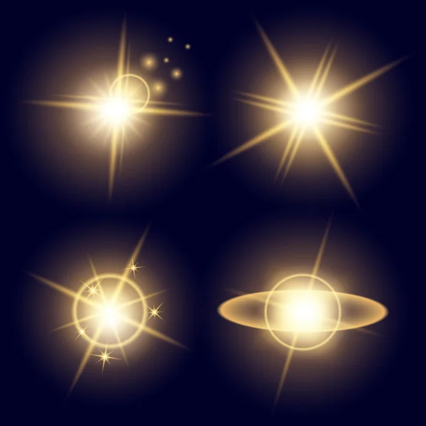 Konsep kreatif Vektor set bintang efek cahaya menyala semburan dengan berkilau terisolasi pada latar belakang hitam. Untuk desain seni templat ilustrasi, spanduk untuk merayakan Natal, sinar energi kilat ajaib - Stok Vektor