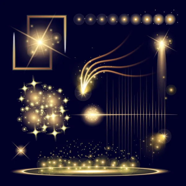 Concetto creativo Set vettoriale di stelle effetto luce bagliore esplode con scintille isolate su sfondo nero. Per illustrazione modello art design, banner per Natale celebrare, raggio di energia flash magia — Vettoriale Stock