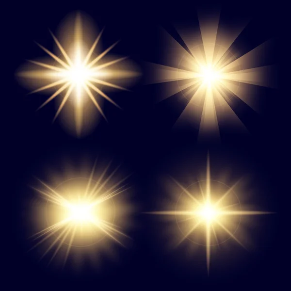 Concepto creativo Conjunto vectorial de estrellas con efecto de luz brillante estalla con destellos aislados sobre fondo negro. Para el diseño de arte de la plantilla de ilustración, banner para celebrar la Navidad, rayo mágico de energía flash — Vector de stock