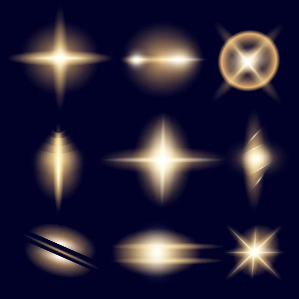 创意概念矢量集的辉光效应恒星爆裂与火花隔离在黑色背景。图例模板艺术设计，圣诞庆祝横幅，魔法闪光能量射线 — 图库矢量图片