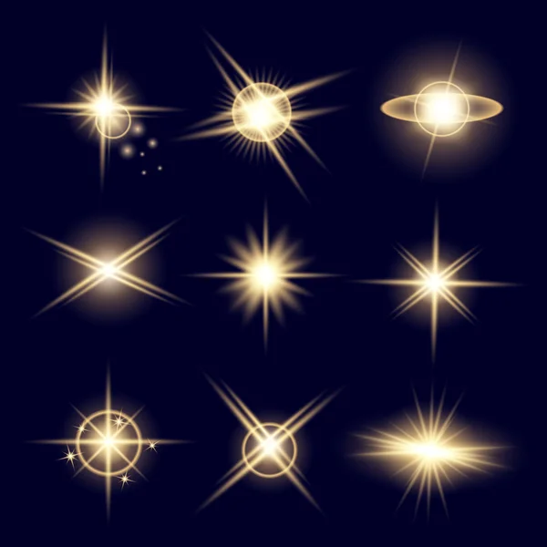 Concepto creativo Conjunto vectorial de estrellas con efecto de luz brillante estalla con destellos aislados sobre fondo negro. Para el diseño de arte de la plantilla de ilustración, banner para celebrar la Navidad, rayo mágico de energía flash — Archivo Imágenes Vectoriales