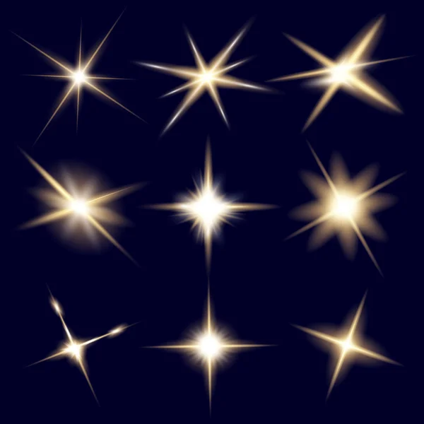 Concepto creativo Conjunto vectorial de estrellas con efecto de luz brillante estalla con destellos aislados sobre fondo negro. Para el diseño de arte de la plantilla de ilustración, banner para celebrar la Navidad, rayo mágico de energía flash — Vector de stock