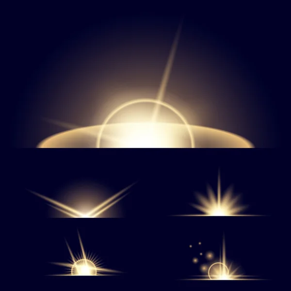 Conceito criativo Conjunto vetorial de estrelas de efeito de luz brilhante explode com faíscas isoladas em fundo preto. Para ilustração modelo arte design, banner para o Natal comemorar, raio de energia flash mágico —  Vetores de Stock