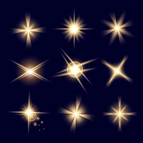 Concetto creativo Set vettoriale di stelle effetto luce bagliore esplode con scintille isolate su sfondo nero. Per illustrazione modello art design, banner per Natale celebrare, raggio di energia flash magia — Vettoriale Stock