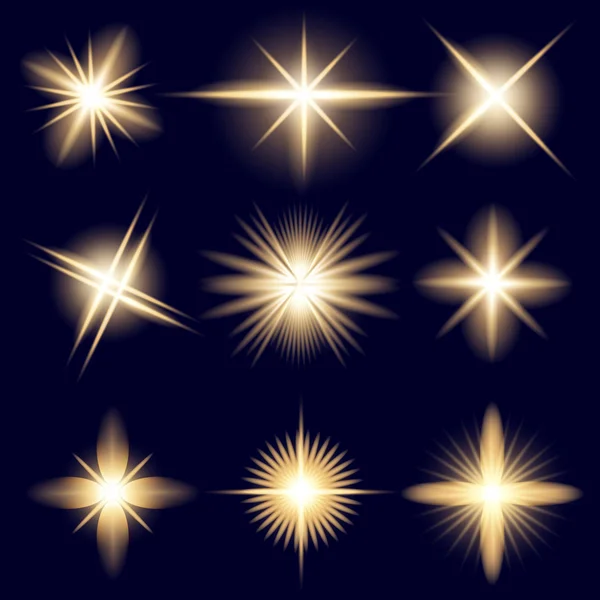 Concept créatif Ensemble vectoriel d'étoiles à effet de lumière brillante éclate avec des étincelles isolées sur fond noir. Pour la conception d'art de modèle d'illustration, bannière pour Noël célèbrent, rayon d'énergie flash magique — Image vectorielle