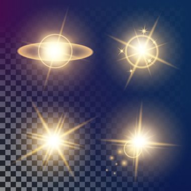 Parlak ışık efektlerinden oluşan yaratıcı bir konsept vektör kümesi siyah arka planda izole edilmiş kıvılcımlarla parlar. Resim tasarımı için, Noel kutlaması için pankart, sihirli ışık ışını