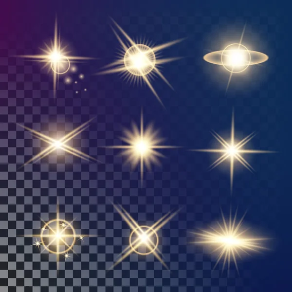 Concetto creativo Set vettoriale di stelle effetto luce bagliore esplode con scintille isolate su sfondo nero. Per illustrazione modello art design, banner per Natale celebrare, raggio di energia flash magia — Vettoriale Stock