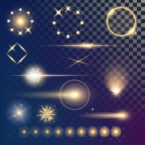 Conceito criativo Conjunto vetorial de estrelas de efeito de luz brilhante explode com faíscas isoladas em fundo preto. Para ilustração modelo arte design, banner para o Natal comemorar, raio de energia flash mágico —  Vetores de Stock