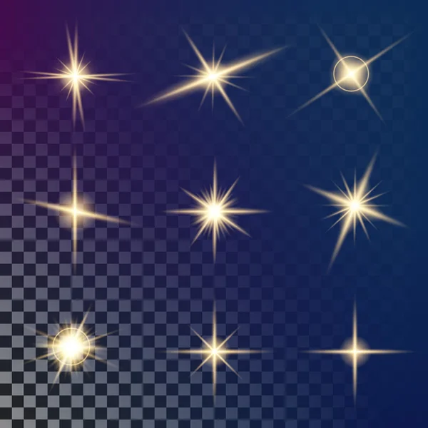 Concepto creativo Conjunto vectorial de estrellas con efecto de luz brillante estalla con destellos aislados sobre fondo negro. Para el diseño de arte de la plantilla de ilustración, banner para celebrar la Navidad, rayo mágico de energía flash — Archivo Imágenes Vectoriales