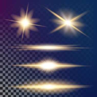 Parlak ışık efektlerinden oluşan yaratıcı bir konsept vektör kümesi siyah arka planda izole edilmiş kıvılcımlarla parlar. Resim tasarımı için, Noel kutlaması için pankart, sihirli ışık ışını