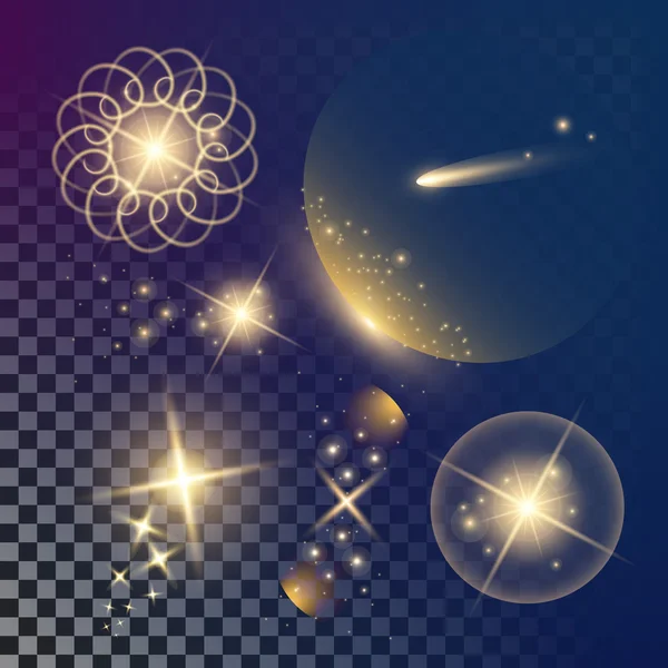 Conceito criativo Conjunto vetorial de estrelas de efeito de luz brilhante explode com faíscas isoladas em fundo preto. Para ilustração modelo arte design, banner para o Natal comemorar, raio de energia flash mágico —  Vetores de Stock