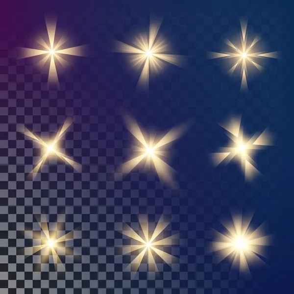 Concepto creativo Conjunto vectorial de estrellas con efecto de luz brillante estalla con destellos aislados sobre fondo negro. Para el diseño de arte de la plantilla de ilustración, banner para celebrar la Navidad, rayo mágico de energía flash — Archivo Imágenes Vectoriales