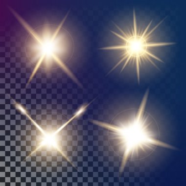 Parlak ışık efektlerinden oluşan yaratıcı bir konsept vektör kümesi siyah arka planda izole edilmiş kıvılcımlarla parlar. Resim tasarımı için, Noel kutlaması için pankart, sihirli ışık ışını