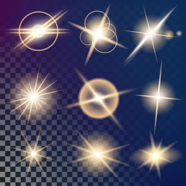 Kreatív koncepció Világító fényeffektus csillagok vektorkészlete fekete alapon izolált szikrákkal pattan ki. Illusztráció sablon művészet design, banner karácsonyra ünnepelni, mágikus flash energia sugár — Stock Vector