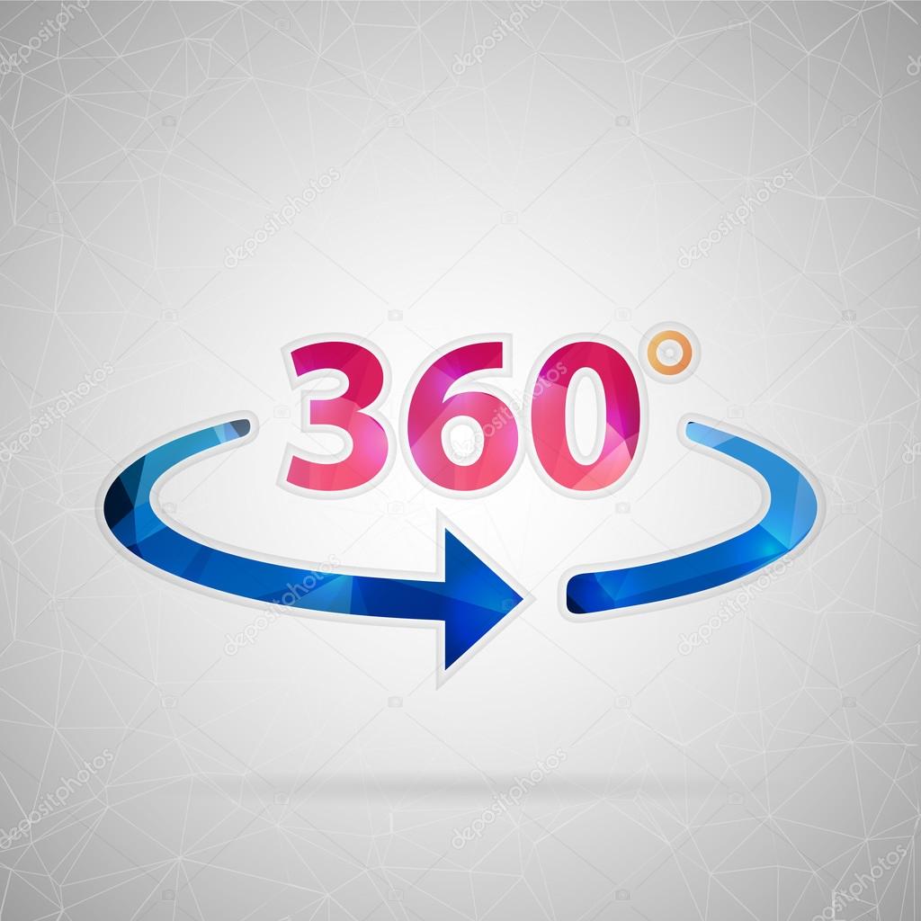 Abstract creative concept vector icon of 360 degrees. For web and mobile content isolated on background, unusual template design, flat silhouette object and social media image, triangle art origami.