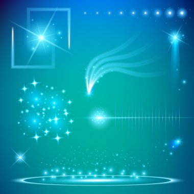 Parlak ışık efektlerinden oluşan yaratıcı bir konsept vektör kümesi siyah arka planda izole edilmiş kıvılcımlarla parlar. Resim tasarımı için, Noel kutlaması için pankart, sihirli ışık ışını.