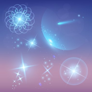 Parlak ışık efektlerinden oluşan yaratıcı bir konsept vektör kümesi siyah arka planda izole edilmiş kıvılcımlarla parlar. Resim tasarımı için, Noel kutlaması için pankart, sihirli ışık ışını.