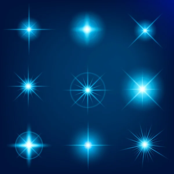 Concetto creativo Set vettoriale di stelle effetto luce bagliore esplode con scintille isolate su sfondo nero. Per illustrazione modello art design, banner per Natale celebrare, raggio di energia flash magia. — Vettoriale Stock