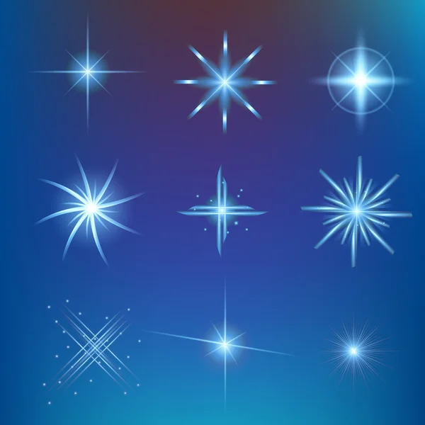 Concetto creativo Set vettoriale di stelle effetto luce bagliore esplode con scintille isolate su sfondo nero. Per illustrazione modello art design, banner per Natale celebrare, raggio di energia flash magia. — Vettoriale Stock