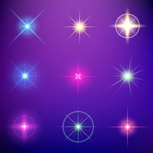 Concepto creativo Conjunto vectorial de estrellas con efecto de luz brillante estalla con destellos aislados sobre fondo negro. Para el diseño de arte de la plantilla de ilustración, banner para celebrar la Navidad, rayo mágico de energía flash. — Archivo Imágenes Vectoriales