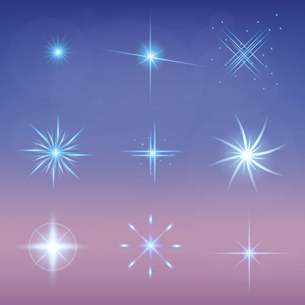 Conceito criativo Conjunto vetorial de estrelas de efeito de luz brilhante explode com faíscas isoladas em fundo preto. Para ilustração modelo arte design, banner para o Natal comemorar, raio de energia flash mágico. — Vetor de Stock