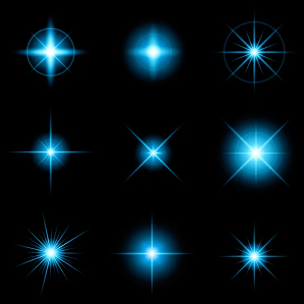 Concepto creativo Conjunto vectorial de estrellas con efecto de luz brillante estalla con destellos aislados sobre fondo negro. Para el diseño de arte de la plantilla de ilustración, banner para celebrar la Navidad, rayo mágico de energía flash. — Archivo Imágenes Vectoriales