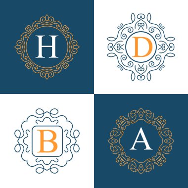 Retro monogram arka plan üzerinde izole yaratıcı soyut kavram vektör logosu. Sanat illüstrasyon şablon tasarım restaurnat, kafe, otel, Emlak, düğün ve spa zarif şirin iyi amblemi.