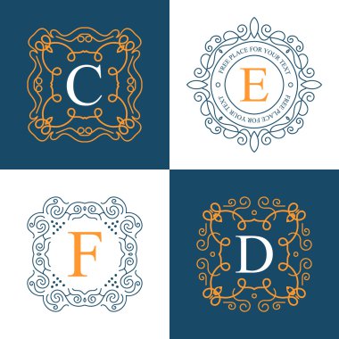 Retro monogram arka plan üzerinde izole yaratıcı soyut kavram vektör logosu. Sanat illüstrasyon şablon tasarım restaurnat, kafe, otel, Emlak, düğün ve spa zarif şirin iyi amblemi.
