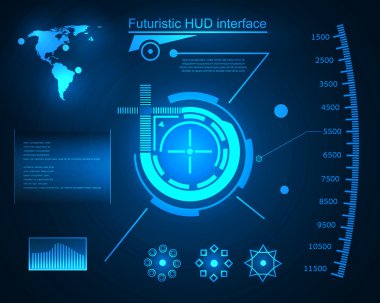 Soyut gelecek, konsept vektör fütüristik mavi sanal grafik dokunmatik arayüzü HUD. Web, site, mobil uygulamalar için siyah arkaplan, tekno, çevrimiçi tasarım, iş, gui, ui.