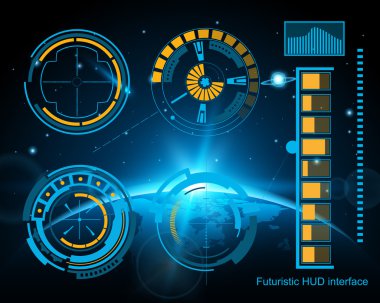 Soyut gelecek, konsept vektör fütüristik mavi sanal grafik dokunmatik arayüzü HUD. Web, site, mobil uygulamalar için siyah arkaplan, tekno, çevrimiçi tasarım, iş, gui, ui.