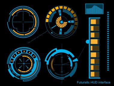 Soyut gelecek, konsept vektör fütüristik mavi sanal grafik dokunmatik arayüzü HUD. Web, site, mobil uygulamalar için siyah arkaplan, tekno, çevrimiçi tasarım, iş, gui, ui.