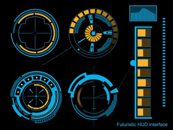 Futuro abstracto, concepto vector futurista azul interfaz gráfica virtual táctil HUD. Para web, sitio, aplicaciones móviles aisladas sobre fondo negro, techno, diseño en línea, negocio, gui, ui. — Vector de stock