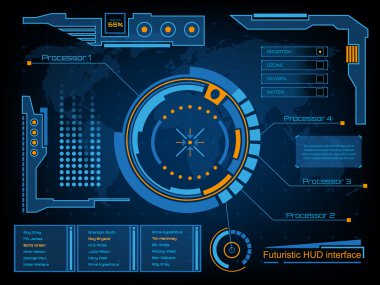 Soyut gelecek, konsept vektör fütüristik mavi sanal grafik dokunmatik arayüzü HUD. Web, site, mobil uygulamalar için siyah arkaplan, tekno, çevrimiçi tasarım, iş, gui, ui.