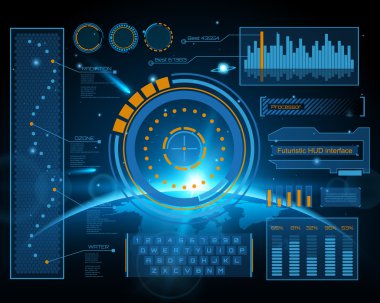 Soyut gelecek, konsept vektör fütüristik mavi sanal grafik dokunmatik arayüzü HUD. Web, site, mobil uygulamalar için siyah arkaplan, tekno, çevrimiçi tasarım, iş, gui, ui.