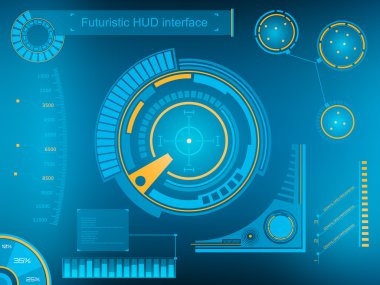 Soyut gelecek, konsept vektör fütüristik mavi sanal grafik dokunmatik arayüzü HUD. Web, site, mobil uygulamalar için siyah arkaplan, tekno, çevrimiçi tasarım, iş, gui, ui.