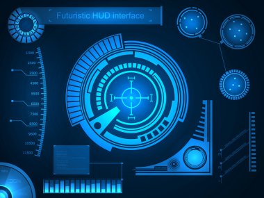Soyut gelecek, konsept vektör fütüristik mavi sanal grafik dokunmatik arayüzü HUD. Web, site, mobil uygulamalar için siyah arkaplan, tekno, çevrimiçi tasarım, iş, gui, ui.