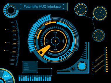 Soyut gelecek, konsept vektör fütüristik mavi sanal grafik dokunmatik arayüzü HUD. Web, site, mobil uygulamalar için siyah arkaplan, tekno, çevrimiçi tasarım, iş, gui, ui.