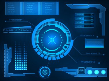 Soyut gelecek, konsept vektör fütüristik mavi sanal grafik dokunmatik arayüzü HUD. Web, site, mobil uygulamalar için siyah arkaplan, tekno, çevrimiçi tasarım, iş, gui, ui.
