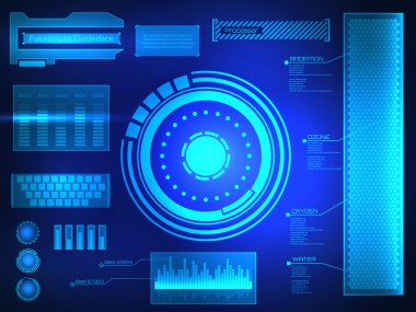 Soyut gelecek, konsept vektör fütüristik mavi sanal grafik dokunmatik arayüzü HUD. Web, site, mobil uygulamalar için siyah arkaplan, tekno, çevrimiçi tasarım, iş, gui, ui.