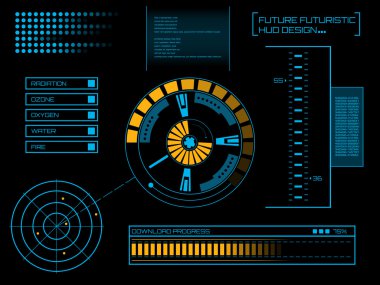 Soyut gelecek, konsept vektör fütüristik mavi sanal grafik dokunmatik arayüzü HUD. Web, site, mobil uygulamalar için siyah arkaplan, tekno, çevrimiçi tasarım, iş, gui, ui.